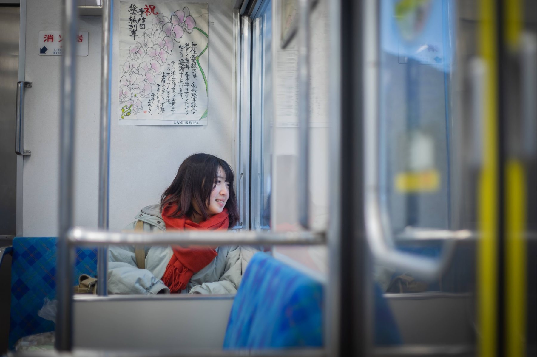 上信電鉄の車内で外を眺める旅人